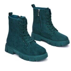 Womens Suede Combat Ankle Boots Lace Up Heeled Teal Color